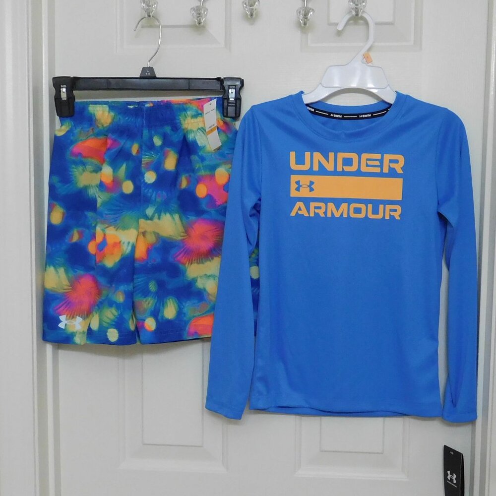 NWT 2pc Boys Under Armour Long Sleeve Swim Shirt & Swim Shorts Set sz 4
